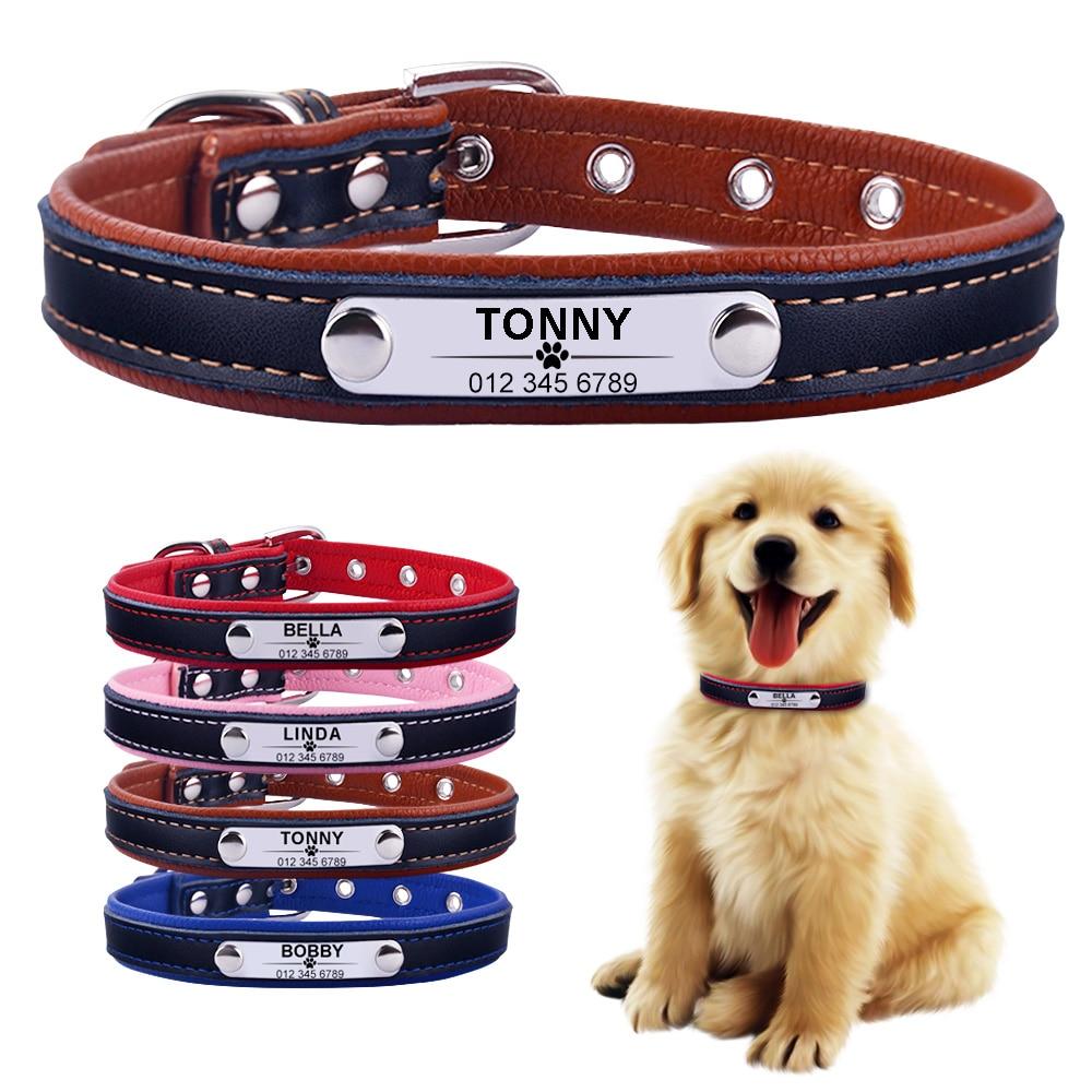 Leather Dog Collar With Personalised Engraved Nameplate Pet Collars & Harnesses Best Pet Store 