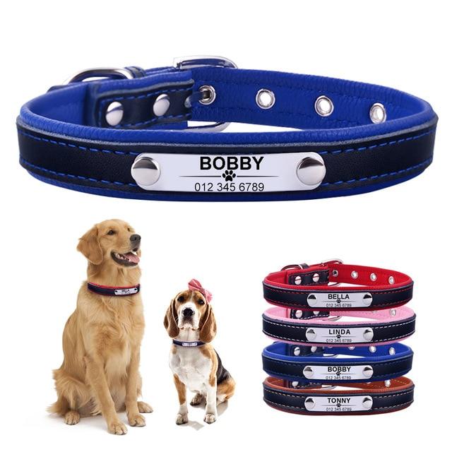 Leather Dog Collar With Personalised Engraved Nameplate Pet Collars & Harnesses Best Pet Store Blue XS 22-28cm 
