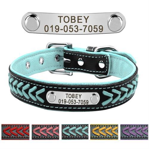 Leather Pet Collar With Personalised Nameplate Pet Collars & Harnesses Best Pet Store Blue X Small 